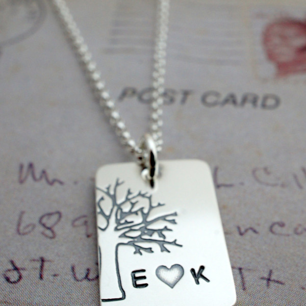 Personalized Family Tree Necklace - Under the Oak Tree Pendant - Custom Hand Stamped Couples Initials Tree of Life Charm by EWD