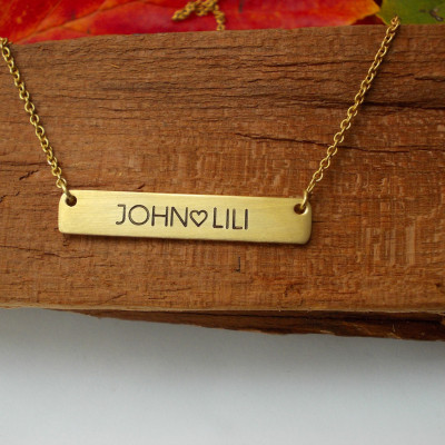 Personalized GOLD BAR Necklace / His and Her Initial or name Necklace / Heart Stamp Necklace