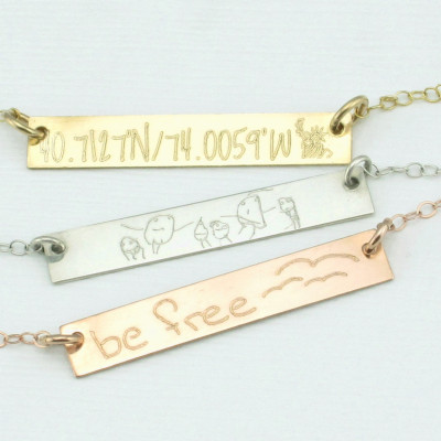 Personalized Gift - Bar Necklace - Mom Gift - Custom Handwriting Necklace - Kids Drawing - Personalized Bar Necklace - Gold Bar Necklace