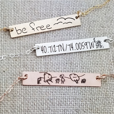 Personalized Gift - Bar Necklace - Mom Gift - Custom Handwriting Necklace - Kids Drawing - Personalized Bar Necklace - Gold Bar Necklace