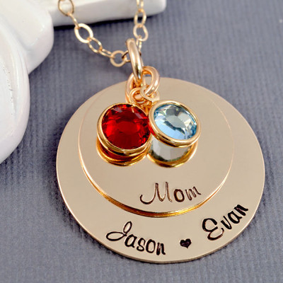 Personalized Gold Mother's Necklace, 18k gold-plated Mommy Necklace, Necklace for Mom with Birthstones, Handstamped