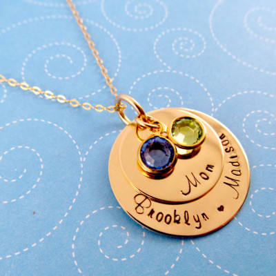 Personalized Gold Mother's Necklace, 18k gold-plated Mommy Necklace, Necklace for Mom with Birthstones, Handstamped