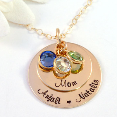 Personalized Gold Mother's Necklace, 18k gold-plated Mommy Necklace, Necklace for Mom with Birthstones, Handstamped