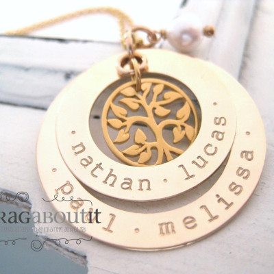 Personalized Hand Stamped Mommy Necklace - Gold Personalized Jewelry - Brag About It - My Family Tree (Double Washer)