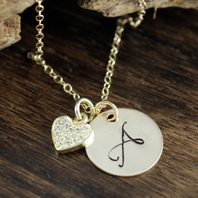 Personalized Heart Necklace, Gold Initial Heart Necklace, CZ Heart Necklace, Mothers Day Gift, Anniversary Necklace, Gift for Wife