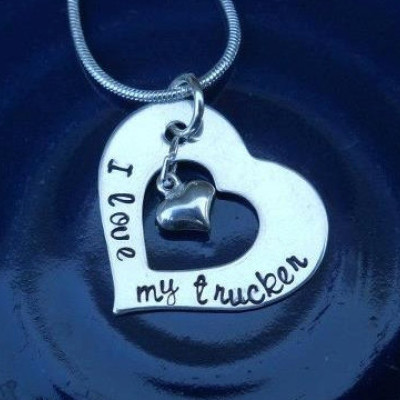 Personalized Heart Necklace, Mother's Necklace, mom jewelry, hand Stamped Necklace, Sterling Silver, Trucker's Wife Necklace, custom jewelry