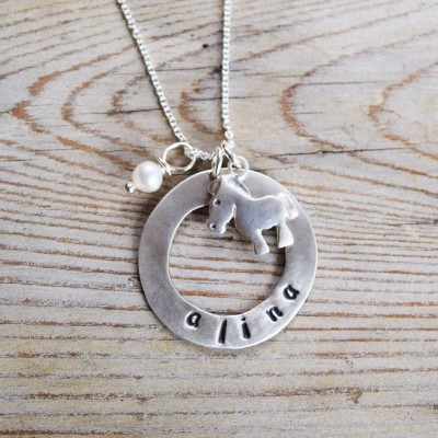 Personalized Horse Necklace with custom round hoop, birthstone, Handstamped Horse Riding gift, Rodeo, Horse Love, Horseback, Sterling Silver