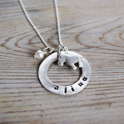 Personalized Horse Necklace with custom round hoop, birthstone, Handstamped Horse Riding gift, Rodeo, Horse Love, Horseback, Sterling Silver