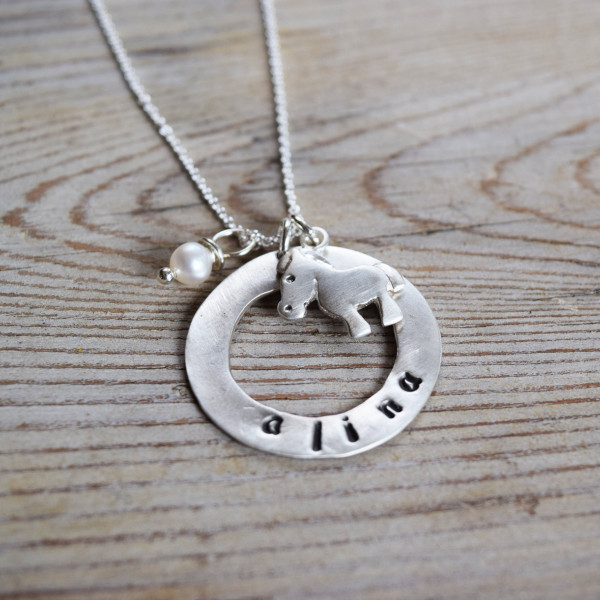 Personalized Horse Necklace with custom round hoop, birthstone, Handstamped Horse Riding gift, Rodeo, Horse Love, Horseback, Sterling Silver