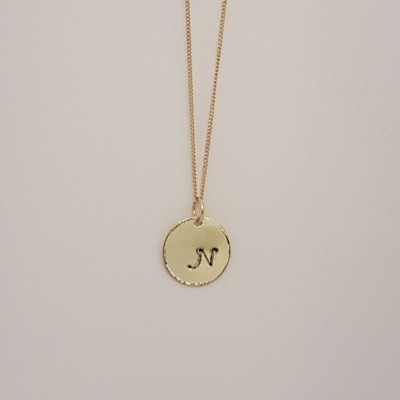 Personalized Initial Necklace, Gold Charmed Necklace, Initial Pendant, Stamped Disc, Monogram Charm, Handmade, Tag Charm, Venexia Jewelry