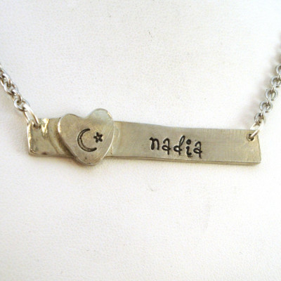 Personalized Islamic Jewelry - Crescent Moon Star Necklace with Personalized Name - Islamic Horizontal Bar Necklace - Eid Gift