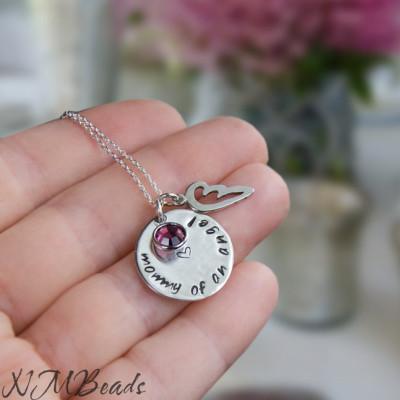 Personalized Memorial Mother Necklace With Angel Wing Swarovski Birthstone Sterling Silver Handstamped Mommy of an Angel Miscarriage Gift