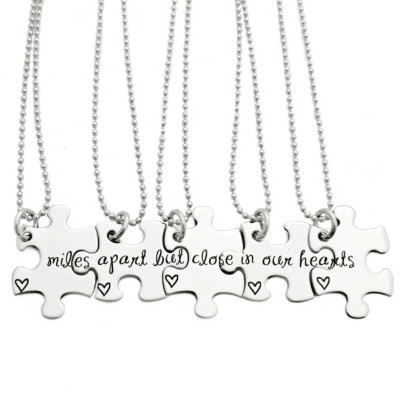 Personalized Miles Apart But Close In Our Hearts Puzzle Piece Necklace Set- Puzzle Pieces - Engraved Best Friends Necklace - Friends - 1219
