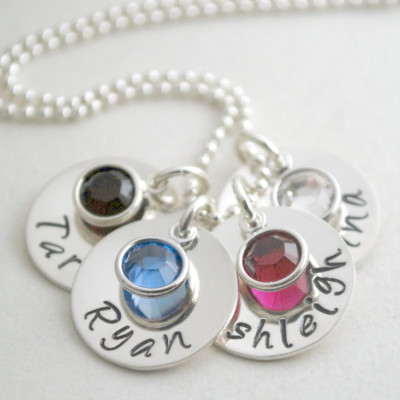 Personalized Mom Name Pendant Necklace Four Names Mommy Jewelry Custom Hand Stamped Silver