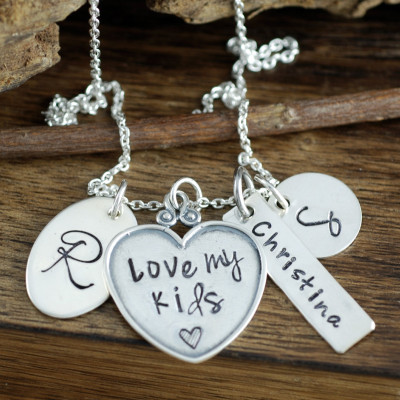 Personalized Mommy Necklace, Love our Kids Necklace, Family Necklace, Cluster Necklace, Name Tag Jewelry, Charm Necklace, Mothers Necklace