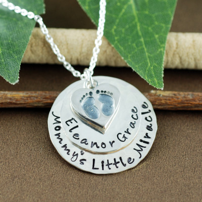 Personalized Mommy Necklace, Mommy's little Miracle, Custom Hand Stamped Necklace, Baby Feet Necklace, Push Present, Mommy Necklace