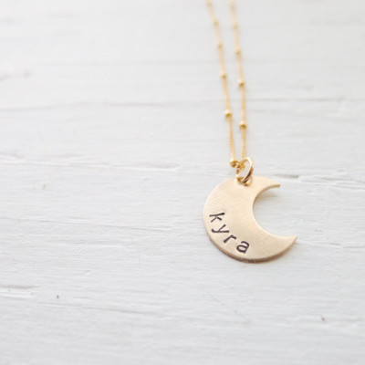 Personalized Moon Necklace Gold Moon Pendant on Sattelite Chain Name Charm Celestial Jewelry Lowercase Letters Crescant Moons Perfect Gift