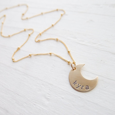 Personalized Moon Necklace Gold Moon Pendant on Sattelite Chain Name Charm Celestial Jewelry Lowercase Letters Crescant Moons Perfect Gift