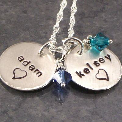 Personalized Mother's Charm Necklace - Two Names Hand Stamped with Your Choice of Design - Birth Crystal Charms