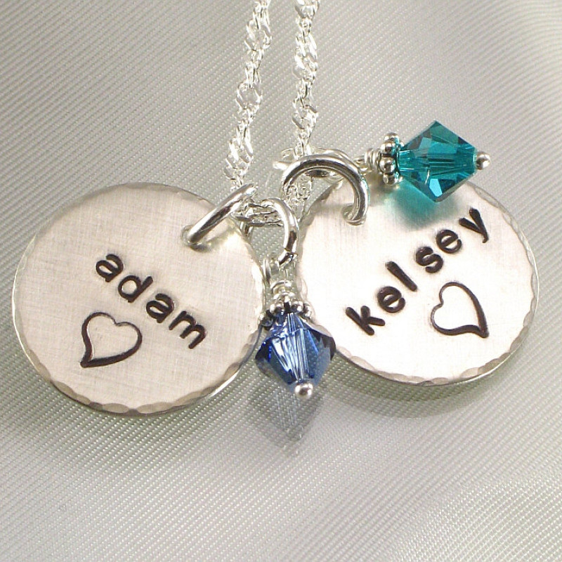 Nickel Silver Hand Stamped Mothers Name Necklace Charm w/ Birthstone Crystals