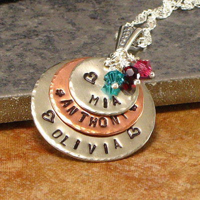 Personalized Mother's Name Necklace - Hand Stamped Kids Names one Multi-Metal Layered Mommy Jewelry with Children's Names - Gift for Wife