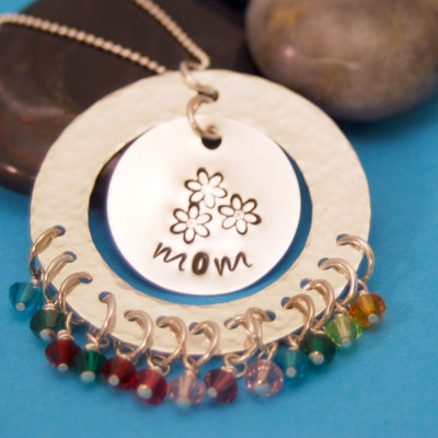 Personalized Mothers Pendant - Large Family - Sterling Silver with Birthstones - Handmade