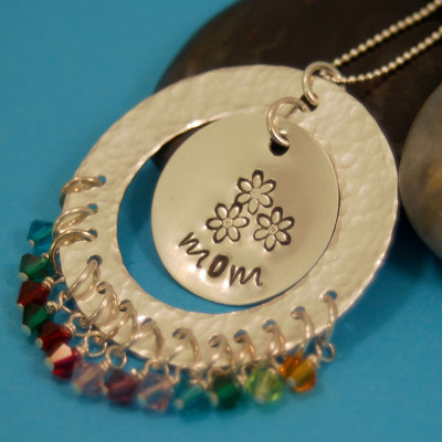Personalized Mothers Pendant - Large Family - Sterling Silver with Birthstones - Handmade