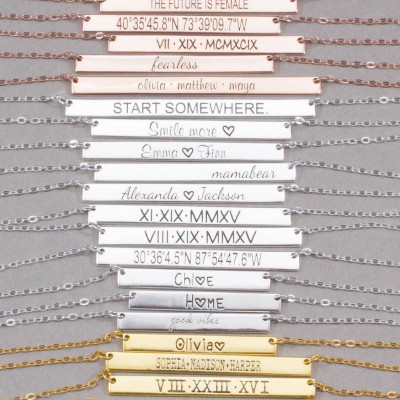 Personalized Name Plate Necklace • Inspirational Skinny Bar • Custom Coordinates Necklace • Roman Numeral Wedding Date Jewelry NM34F54