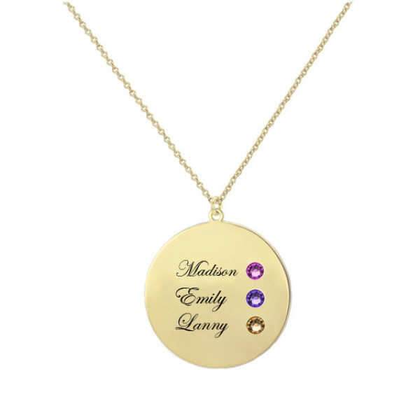 Personalized Names Disc Pendant Necklace in 18k Yellow Gold Plated 925 Sterling Silver With the names and birthstones of your loved, Gifts