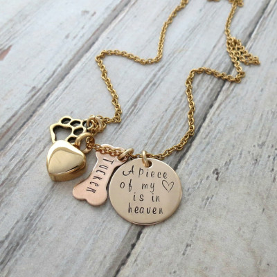 Personalized Necklace - Dog Memorial - Dog Bone - Gold Remembrance Heart Necklace - Dogs Ashes - Cremation Urn Necklace - Paw Charm