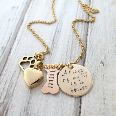 Personalized Necklace - Dog Memorial - Dog Bone - Gold Remembrance Heart Necklace - Dogs Ashes - Cremation Urn Necklace - Paw Charm