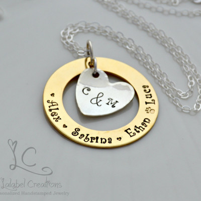 Personalized Necklace with Names, Gold and Silver Washer Necklace, Hand Stamped Necklace, Metal Stamped Jewelry, Mothers Day Gift