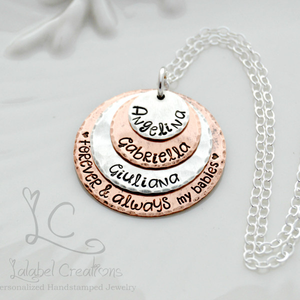 Personalized Necklace with Names, Hand Stamped Jewelry, Copper and Silver Hand Stamped Necklace, Personalized Jewelry for Mom, Mothers Day