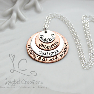 Personalized Necklace with Names, Hand Stamped Jewelry, Copper and Silver Hand Stamped Necklace, Personalized Jewelry for Mom, Mothers Day
