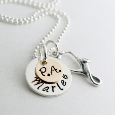 Personalized Physicians Assistant Jewelry - PA Necklace - Graduation for PA - Custom Silver Hand Stamped Sterling Silver and Gold Plated