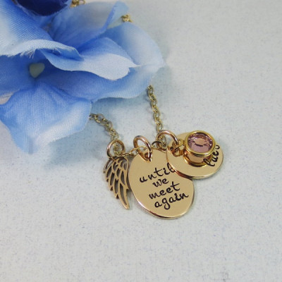 Personalized Remembrance Necklace, Angel Wing Necklace, Until We Meet Again, In Memory Of, Name Birthstone, 18kt Gold Plated, Memorial Jewelry
