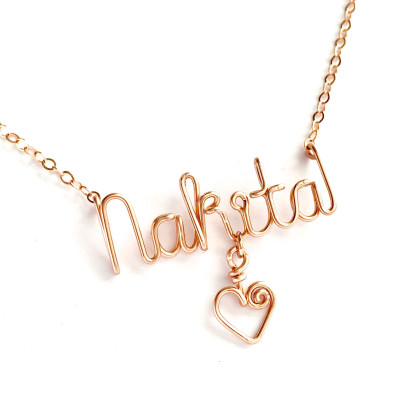 Personalized Rose Gold Name Necklace with heart. Custom Rose Gold Name Necklace with heart charm.