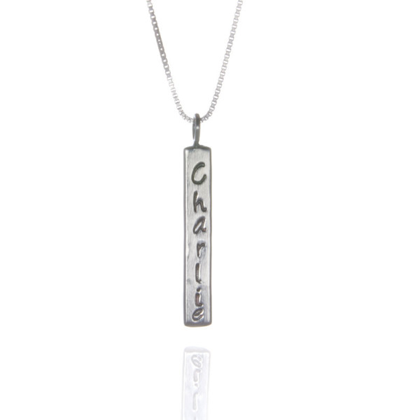 Personalized Silver Vertical Bar Necklace. Paw Prints Necklace Commemorating Animals. Customized Animal Name & Paw Print. Silver Square Bar.