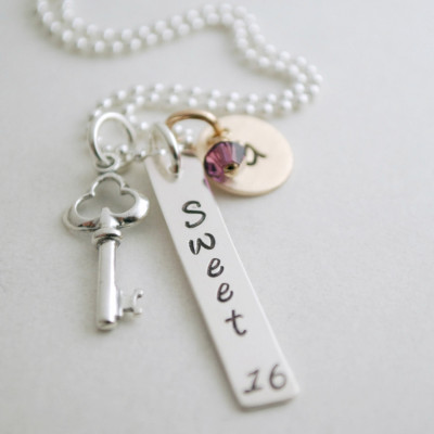 Personalized Sweet 16 Necklace with Gold Initial Charm and Birthstone Hand Stamped Metal Jewelry - Birthday Gift for Sixteenth Birthday Girl