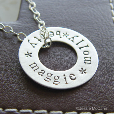 Personalized Washer Necklace - Sterling Silver Hand Stamped Jewelry - Custom Washer Pendant with Optional Birthstone or Pearl
