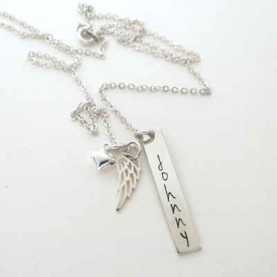 Personalized Wing Necklace with Heart - Custom Memorial Necklace - Mother of an Angel - Son - Daughter - Grandma - Loss - Family - Name