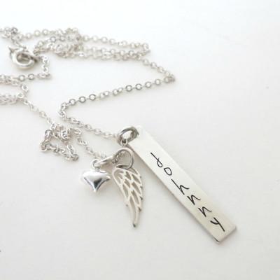 Personalized Wing Necklace with Heart - Custom Memorial Necklace - Mother of an Angel - Son - Daughter - Grandma - Loss - Family - Name