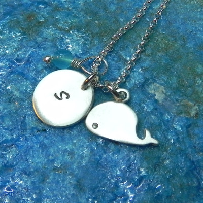 Personalized baby whale necklace in sterling silver with hand stamped round disc and birthstone