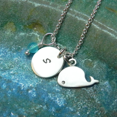 Personalized baby whale necklace in sterling silver with hand stamped round disc and birthstone