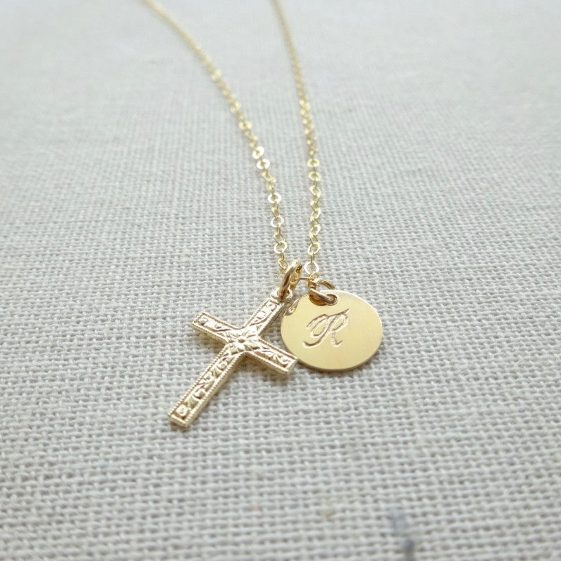 Cross necklace, Sterling silver cross and Gold fill disc necklace, Boy  Christening jewelry, Girl Baptism Necklace,