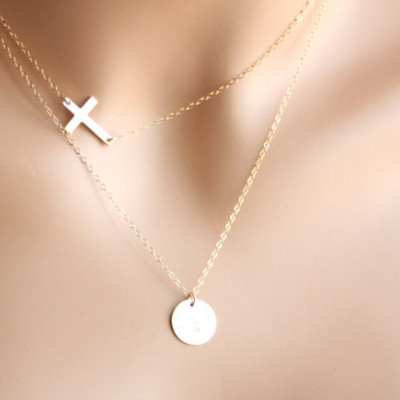 Personalized double layer 18k Gold Plated Necklace- Customized Initial Disk and sideways Cross, You can make your choice number of Disks