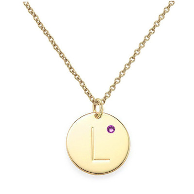 Personalized initial Circle Disc Pendant Necklace in 18k Yellow Gold Plated 925 Sterling Silver With Birthstone