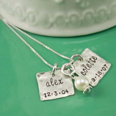 Personalized name and birthdate necklace - square name necklace - sterling silver hand stamped necklace - custom mom necklace