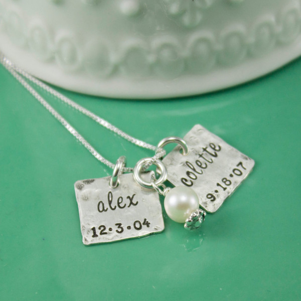 Personalized name and birthdate necklace - square name necklace - sterling silver hand stamped necklace - custom mom necklace