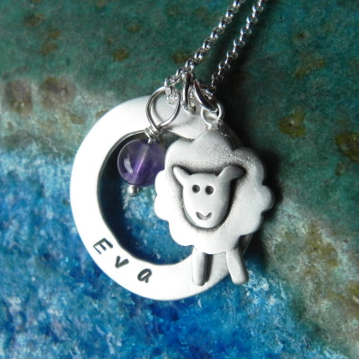 Personalized sheep sterling silver necklace with birth stone, baby shower gift - gift for mom